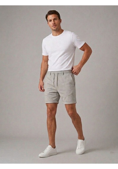 Bürke Erkek Gri Renk Regular Fit Düz Duble Paça Beli Bağcıklı Cepli Basic Düz Şort