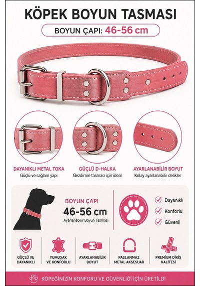 Deri Köpek Boyun Tasması 46-56 Cm Metal Tokalı D Halkalı Ayarlanabilir - Pembe Çok Renkli