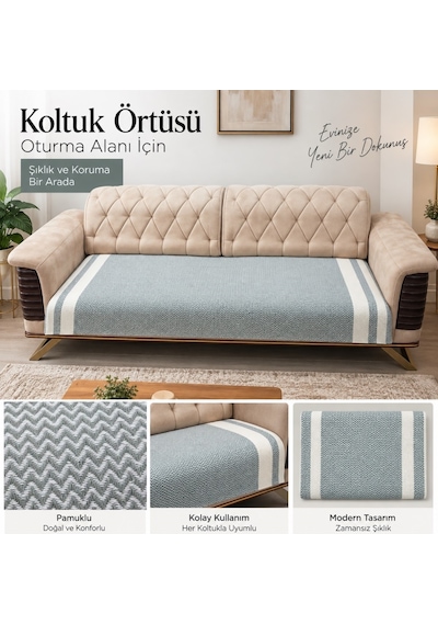 Özdilek 2 Adet Pamuklu Oturma Yerini Örten Zigzag Koltuk Örtüsü 80x210 - Haki Yeşili