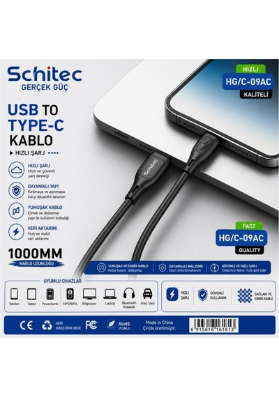 Schitec 100w 4 Çıkışlu Hızlı Şarj Başlığı Ve Usb-a To Type-c 60w Hızlı Şarj Ve Data Kablosu