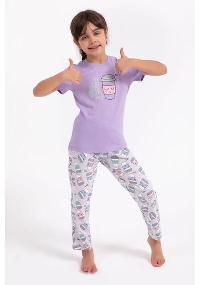 Eat Sleep Coffee Repeat Lila Kız Çocuk Pijama Takımı Çok Renkli
