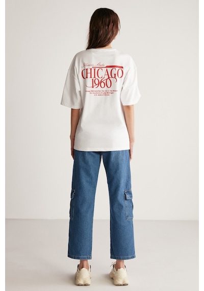 Grımelange Janna Kadın Şehir Temalı Ön Ve Arka Baskı Detaylı Oversize Fit Bisiklet Yaka Beyaz / Kırmızı T-shirt