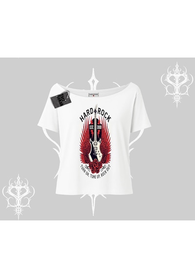 Tarzsokak Kayık Yaka Tshirt Hard Rock Winged Guitar Rebellion Beyaz