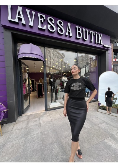 Chnel Taş Logolu Baskılı Büstiyer- Siyah-174
