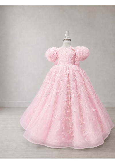 Star Kids Fashion Kız Çocuk Pembe Prenses Elbisesi Çiçek İşlemeli Kabarık Tül Abiye Doğum Günü Özel Gün Elbisesi