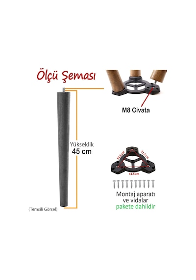 3 Adet Ahşap Ayak 45 Cm Orman Yeşili M8 Civatalı Bağlantı Aparatlı Mobilya Tabure Sehpa Masa Destek Ayağı Orman Yeşili