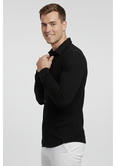 Rizzup Siyah Slim Fit Örme Kumaş Likralı Erkek Gömlek Nefes Alan Esnek Ve Modern Tasarım 2602604