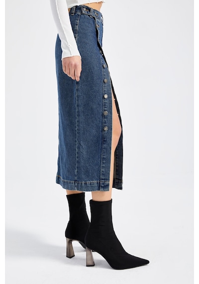 it's basic Kadın Tint Kot Rengi Tilia Önü Düğmeli Maxi Boy Denim Etek