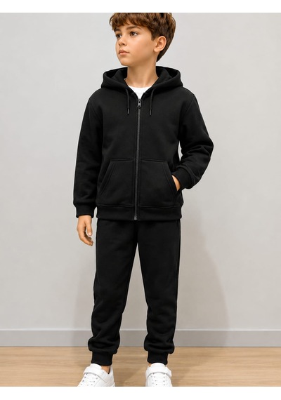 Ela Kapşonlu 3 İp Şardonlu Kışlık Sweatshirt Siyah