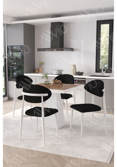 Avvio Elizya Beyaz Polo Metal Sandalye 90x90 Kare Yemek Masası Mutfak Masası Masa Sandalye Takımı Akçaağaç