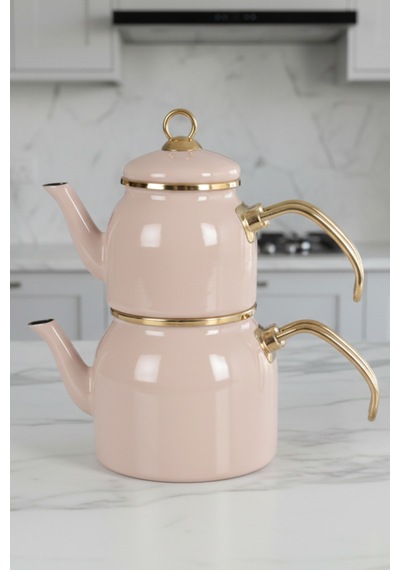 Pastel Rose Pembe Renk Emaye Çaydanlık Takımı İkili Gold Saplı
