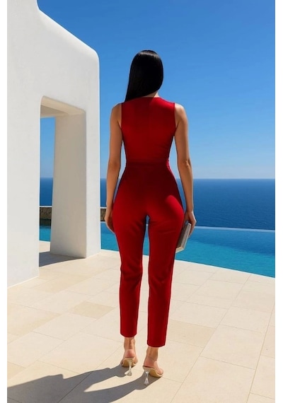 Kadın Kruvaze Yaka Dantel Güpür Ve Kuşak Detay Tulum Kırmızı