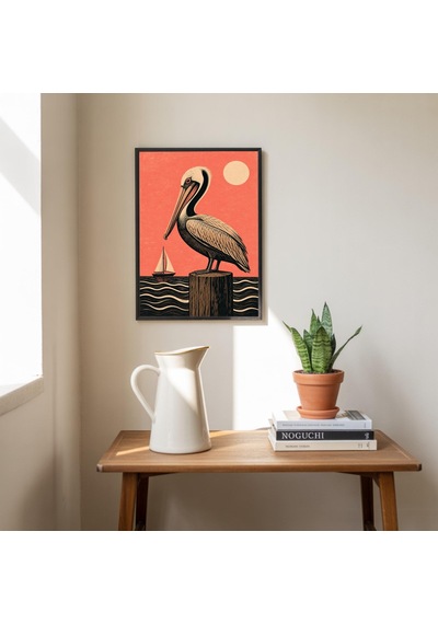 Pelican Okyanus Posteri Pembe Gün Batımı Manzarası Vintage Linol Baskı Sahil Duvar Sanatı