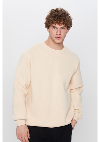 Tudors Unisex Oversize Geniş Kesim Pamuklu Yumuşak Dokulu İçi Polarlı Bej Renk Bisiklet Yaka Sweatshirt-32622 Bej