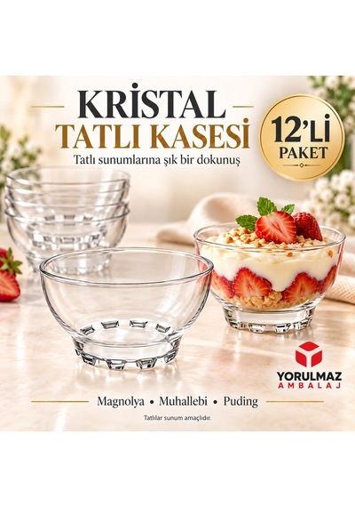Kristal Tatlı Kasesi 12 Li Paket Şeffaf Magnolya, Muhallebi Ve Puding Sunum Kasesi