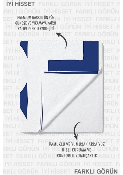 Oversize Tipografik Plaj Havlusu - Lacivert Beyaz Minimalist Havuz Deniz Banyo Sahil Örtüsü Sisli Melon