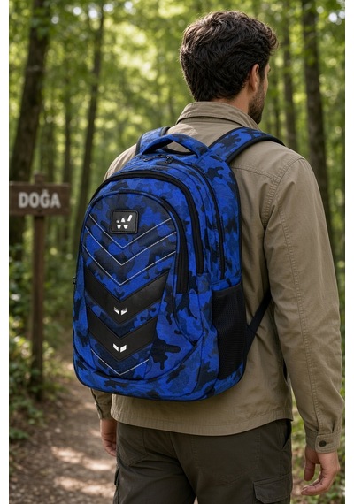 Komando Sırt Çantası Mavi Kamuflaj 3 Gözlü Kamp Ve Outdoor 46x32x18 Cm Çok Renkli