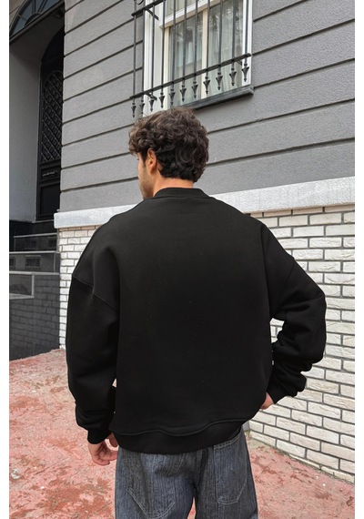 Flaw Nakışlı Half Zip Sweatshirt-28695 Sİyah