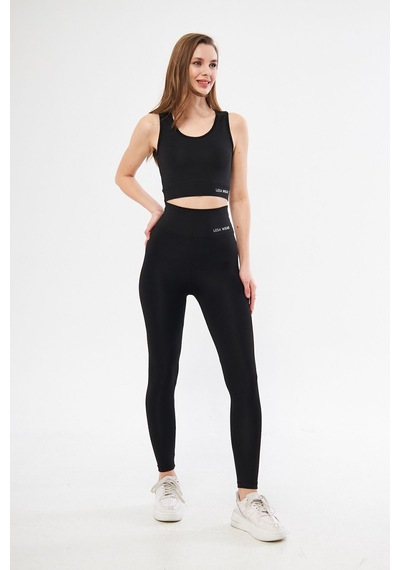 Lesa Wear Yüksek Bel Likralı Toparlayıcı Tayt Crop Takım Siyah
