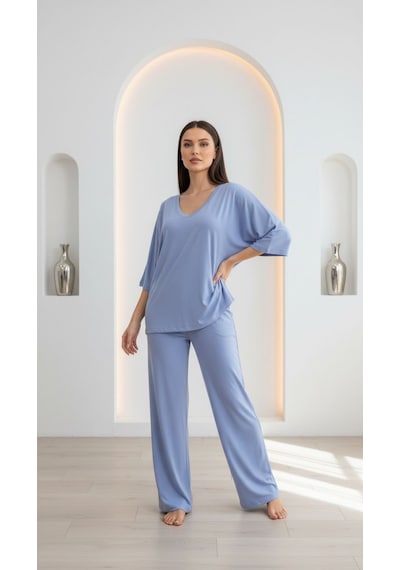 Divinus Bol Kesim V Yaka Yarım Kollu Pijama Takımı Mavi