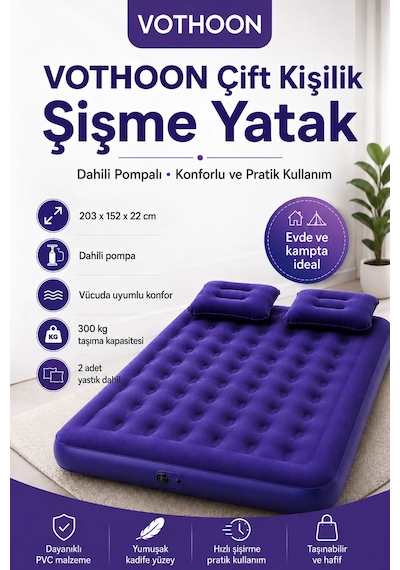 Vtn-62 Çift Kişilik Şişme Yatak Dahili Pompalı 203x152x22 Cm 2 Yastıklı Mavi