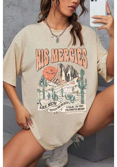 Unisex His Mercies Baskılı Oversize Tshirt