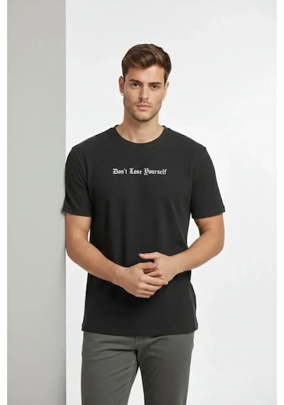 Vexor Erkek Wafıl Kumaş Tişört Regular Kalıp Bisiklet Yaka Baskılı Günlük Basic T-shirt - Siyah
