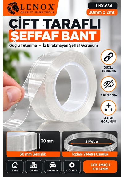 Lenox Çift Taraflı Şeffaf Bant 30 Mm X 2 Metre Güçlü Tutunma Çok Amaçlı Sabitleme Bandı