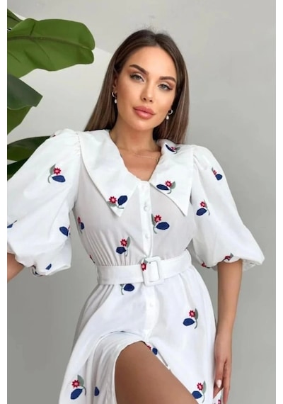 Defymoda Kırmızı Yakası Çiçek Motifli Kemerli Elbise Kırmızı