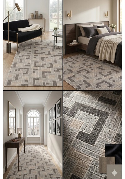 Villadia Home Textile Modern Desen Baskılı Kaymaz Taban Elit Şık Dört Mevsim Yıkanabilir Halı Yolluk Oturma Salon Odası Vd1108gri Gri