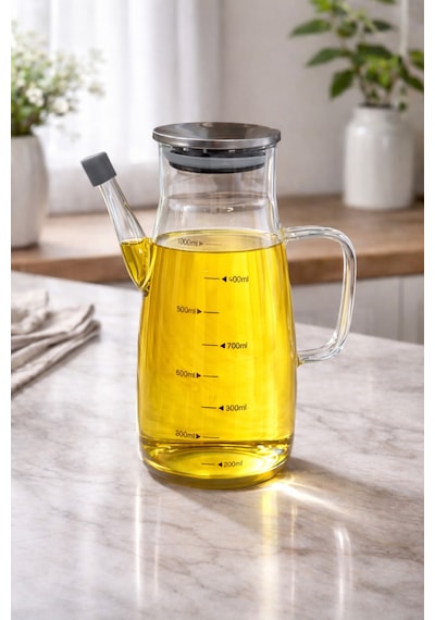 Makri Home 1000 Ml Cam Yağlık Sirkelik Sürahi, 22 Cm Yükseklik, 10 Cm Çap, Paslanmaz Çelik Kapaklı Şeffaf