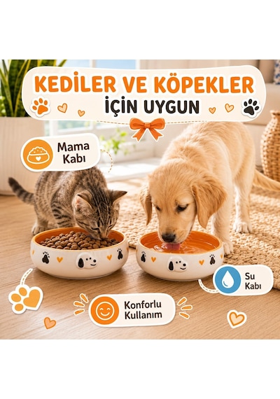 2'li El Yapımı Seramik Kedi Köpek Mama Ve Su Kabı Seti, 350 Ml Kabartma Desenli Stoneware, Bpa İçermez Gıda Güvenli, Kaymaz Tabanlı, Kedi Köpek Mama Kabı Takımı Turuncu
