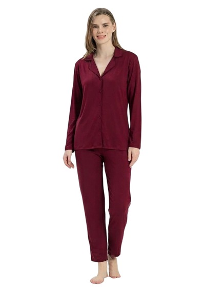 Pijadore Kadın Önü Düğmeli Uzun Kollu Mevsimlik Pijama Takımı 2209 Bordo