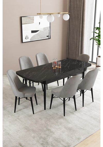 Familieconcept Almira Serisi, Siyah Mermer Desen 80x132 Açılabilir Mdf Mutfak Masası Takımı 6 Adet Sandalye Gri Familieconcept Almira Serisi, Siyah Mermer Desen 80x132 Açılabilir Mdf Mutfak Masası Takımı 6 Adet Sandalye Gri