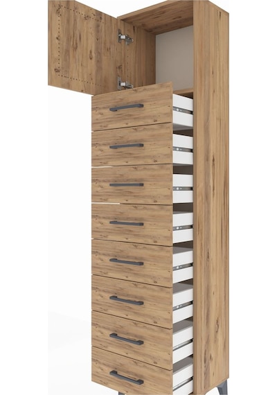 Arges Dolap Tek Raflı 8 Çekmeceli Tek Kapaklı 44x30x182 Çam-çam Çam