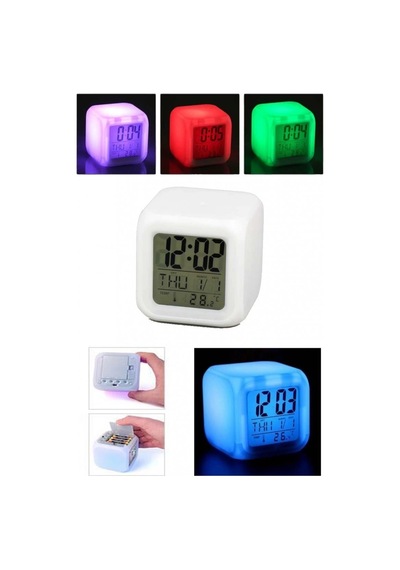 Renk Değiştiren Dijital Alarm Küp Saat Beyaz