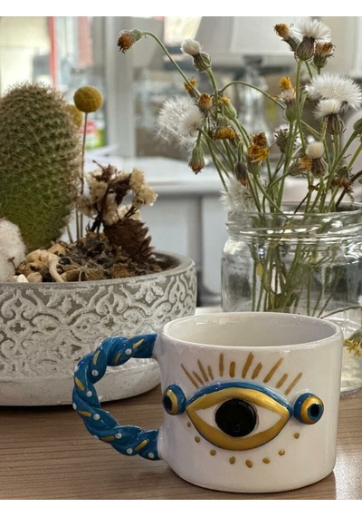 Burgu Kulp Gold Detay Göz 2 Noktalı Kalpli Mug Kupa Fincan