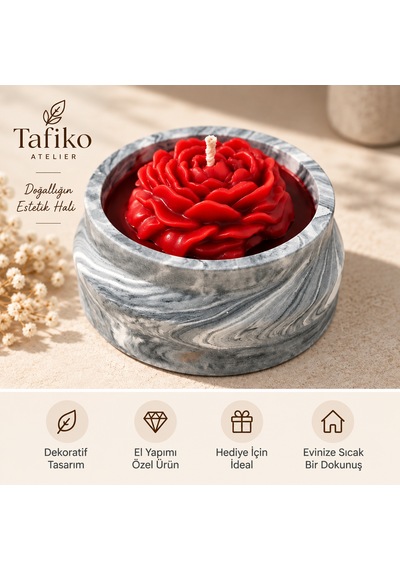 Tafiko Atelier Dekoratif Çiçekli El Yapımı Mum Kırmızı - Siyah