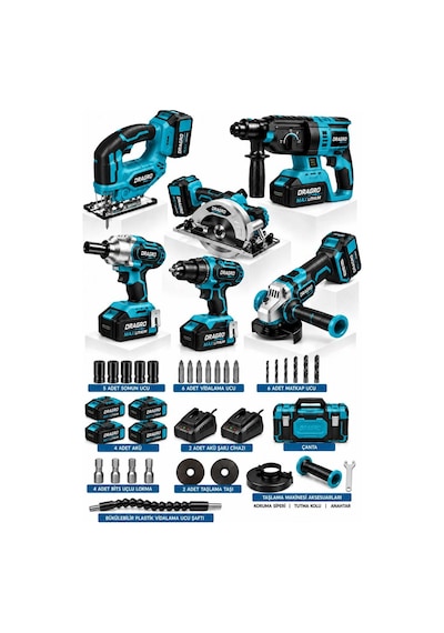Dragro Drg-21v Premium M Ömürsüz 21v 6x4 6'li Set Kırıcı Delici Somun Sıkma Taşlama Makinesi Matkap Dekupaj Sunta Kesme
