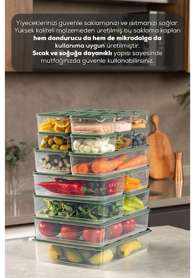 Vienev 20li Buzdolabı Dondurucu Organizer Ve Saklama Kabı Yeşil 12x 350ml 4x 1,75lt 2x 1,65lt 2x 3,5lt Yeşil