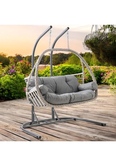Malta Çiftli Rattan Bahçe Salıncağı Beyaz Çok Renkli