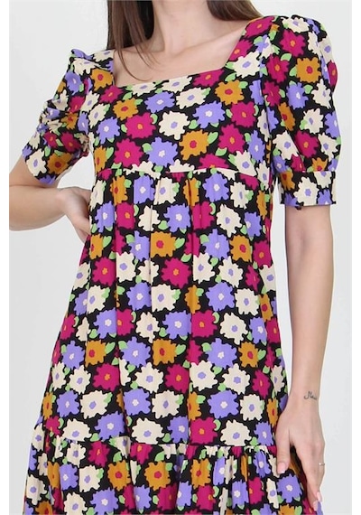 Neşeli Butik Kadın Lila Kare Yaka Eteği Fırfırlı Çiçek Desenli Viskon Elbise Nb10026 Lila