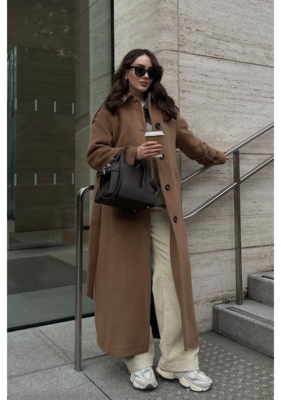 Olcay Gömlek Yaka Apolet Detaylı Oversize Uzun Kaban K. Kamel 3064 Koyu Sarı