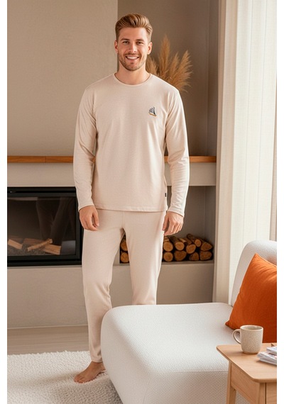 Rindahomewear Bej Uzun Kollu Nakışlı Örme Erkek Pijama Takımı Bej