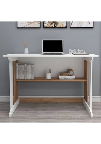 Reyo Home Enda Pillar Kütüphaneli Çalışma Masası 100x56cm Çam-bey Atlantik Çam - Beyaz