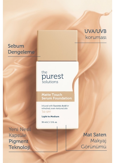 The Purest Solutions Sebum Dengeleyici & Matlaştırıcı Serum Fondöten SPF 50+, 30 ml – Açık / Orta Ton