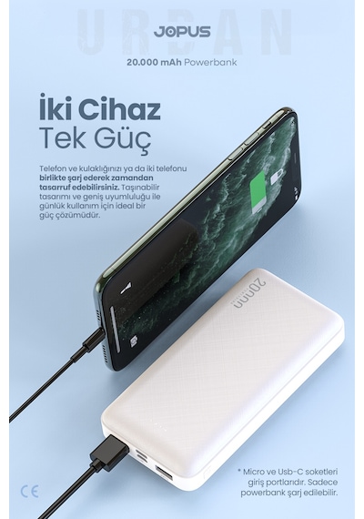 Jopus 20000mah Powerbank - Led Işık Göstergeli - Taşınabilir Şarj Cihazı Beyaz