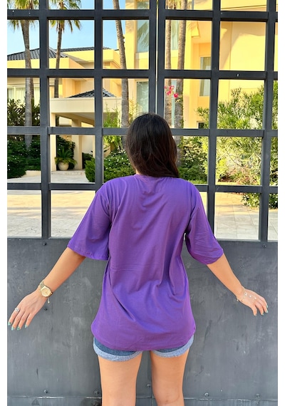 Mor Renk Best Baskı Ayıcık Desenli Unisex Oversize T-shirt Mor