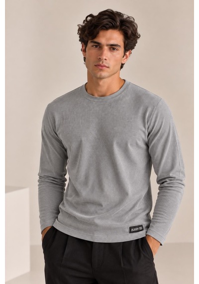 Alexandergardi Bisiklet Yaka İnce Fitilli Basic Sweatshirt Gri Melanj