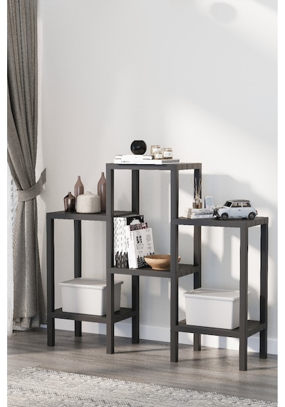 Shelf 6 Katlı Düzenleyici Plastik Raf Ünitesi Siyah, Kitaplık, Mutfak, Banyo Rafı Dolabı Siyah